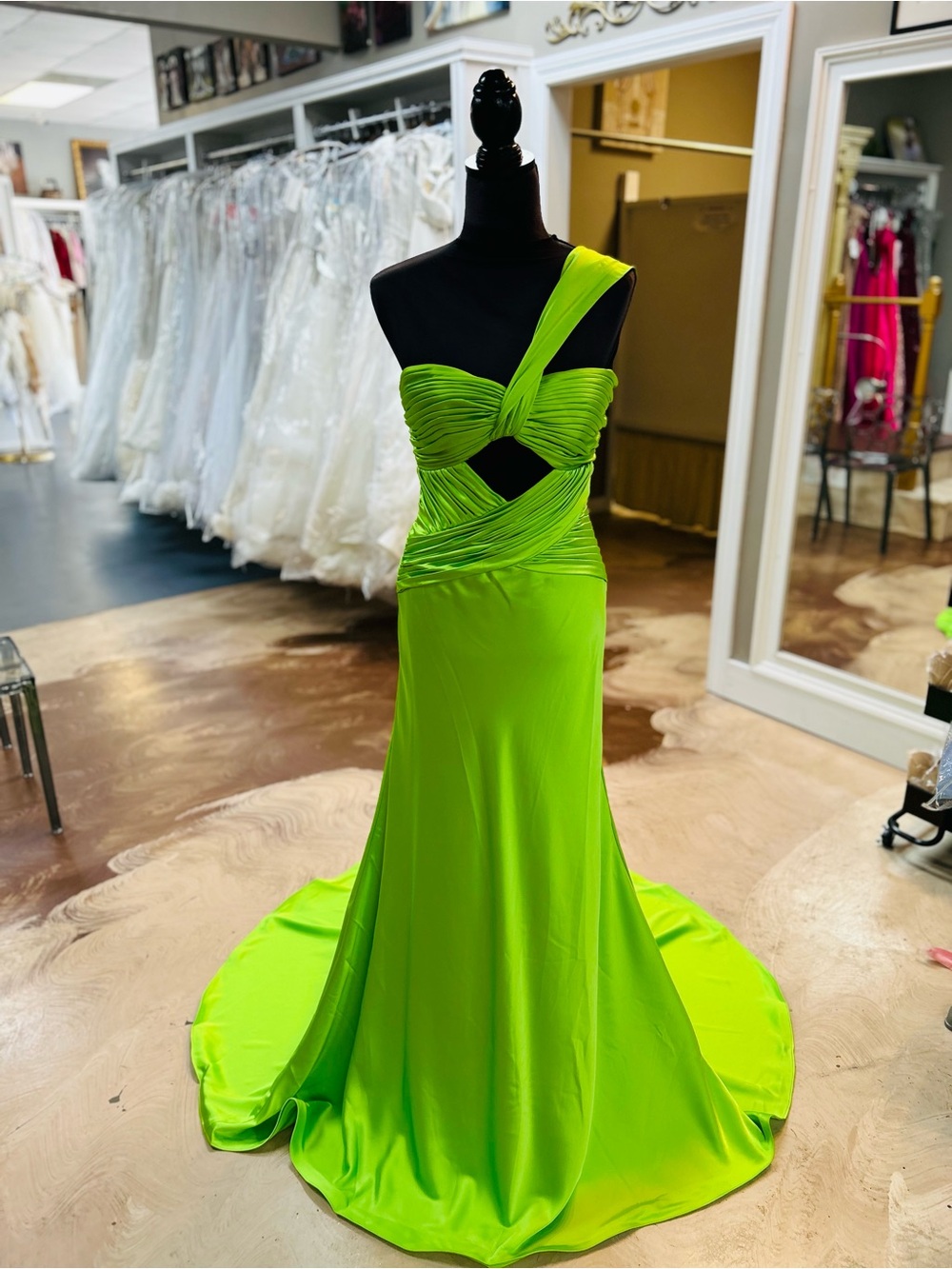 One-Shoulder Neon Green Cutout Evening Gown